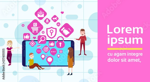 Fototapeta mobile app man woman team network applications icons social media networking concept for design work and animation horizontal flat vector illustration