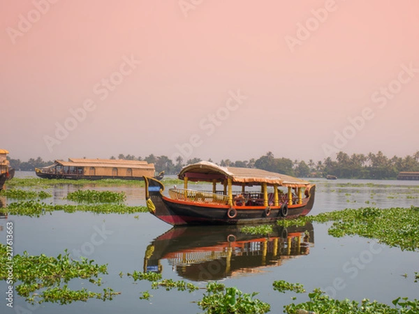 Obraz A houseboat sailing in kerala backwaters during sunset.