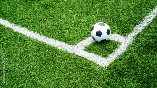Fototapeta soccer Football on Corner kick line of ball and a soccer field , football field , background texture