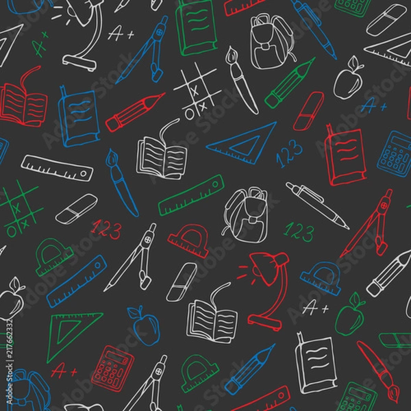 Fototapeta Seamless pattern on the theme of the school, a simple hand-drawn contour icons ,colored chalks on the dark school Board