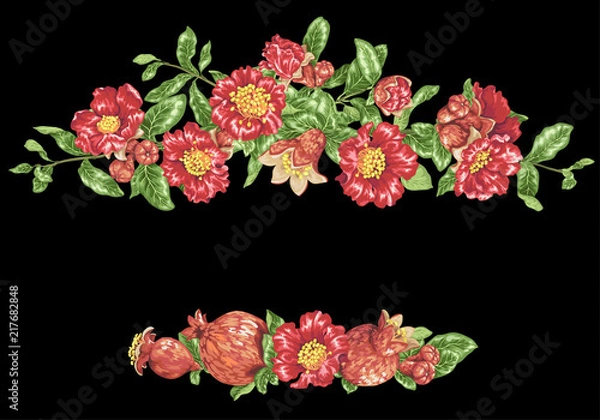 Obraz Vector pomegranate headline border with blooming flowers and fruits