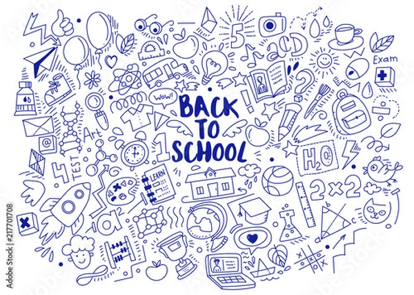 Obraz Atrament Blue Pen ciągnione z powrotem do szkoły gryzmoły na białym tle. Liniowa ilustracja wektorowa. Do banerów, plakatów, ulotek. Wiele ikon edukacji, symbole studiów