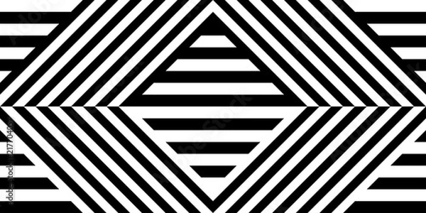 Obraz Seamless pattern with striped black white straight lines and diagonal inclined lines (zigzag, chevron). Optical illusion effect, op art. Vector vibrant decorative background, texture.