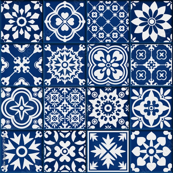 Fototapeta vector collection of  white and blue bmosaic tiles in oriental style