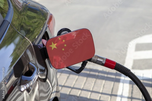 Fototapeta Fueling car with petrol pump at a gas station.