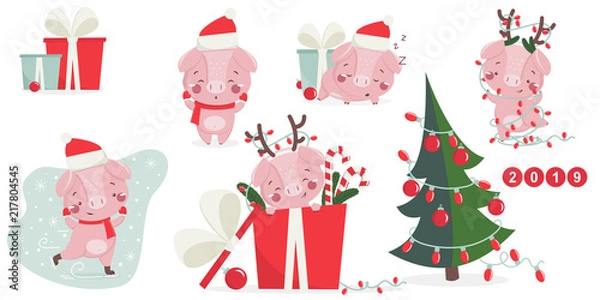 Obraz Happy new year set with cute pig. Chinese symbol of the 2019 year. Design for print, poster, invitation, t-shirt and greeting card. Vector illustration.