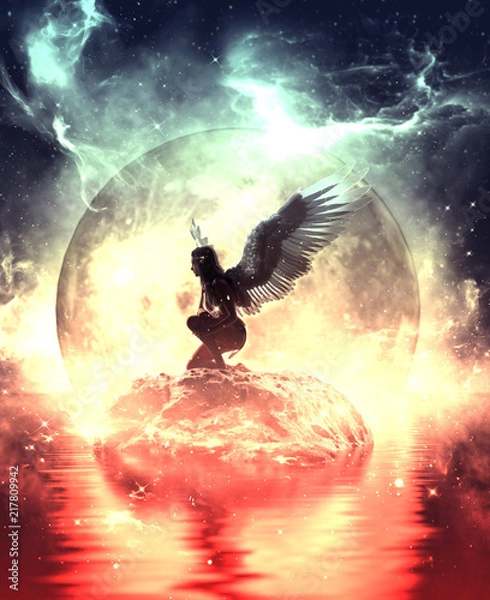 Fototapeta 3d illustration of an Angel in heaven land,Mixed media for book illustration or book cover