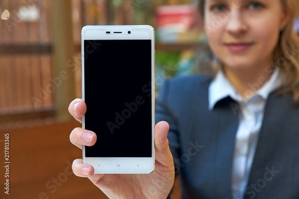 Fototapeta Woman business with blank screen of smart phone. Close up background place for text