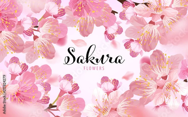 Fototapeta Sakura flowers background template. Vector set of blooming floral for holiday invitations, greeting card and fashion design.