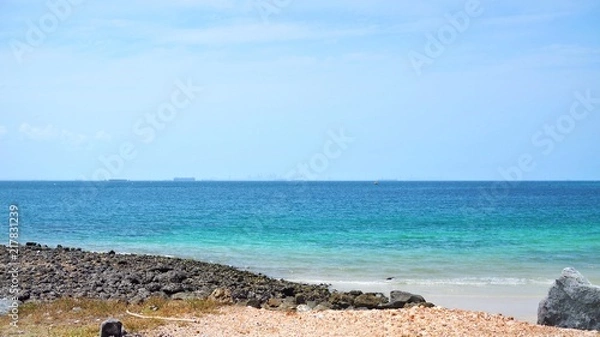 Obraz Beautiful tropical sea with mountain, blue sky and cloud at Koh Sichang in Thailand,  Space for text in template, Travel concept, Many tourists visit here, View for seascape