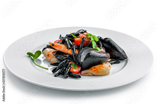 Obraz High class healthy Italian seafood pasta meal isolated on white background.. Black squid ink strozzaperti with shrimp and mussels on a plate.