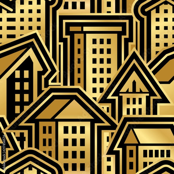 Fototapeta Seamless City Pattern in Golden Style. Vector Illustration for Cover Design
