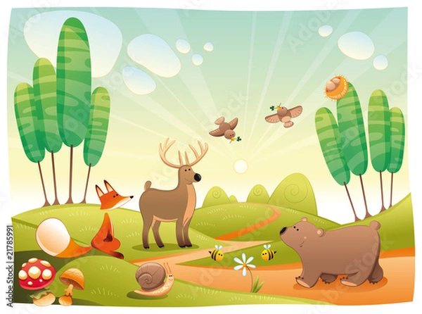 Fototapeta Animals in the wood. Funny cartoon and vector illustration
