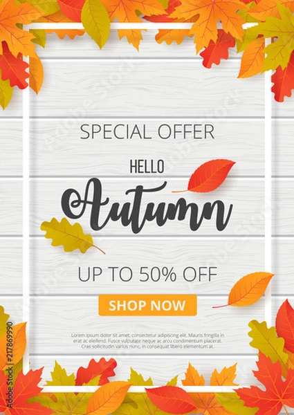 Fototapeta Jesienna sprzedaż tło z liści. Może być używany do sprzedaży zakupów, plakatu promocyjnego, banera, ulotki, zaproszenia, strony internetowej lub karty z pozdrowieniami. Ilustracji wektorowych