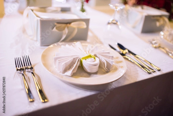 Fototapeta Table setting at a luxury dinner wedding.