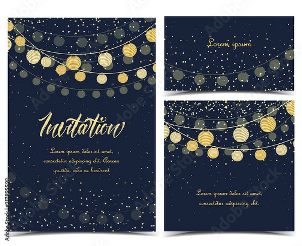 Obraz Wektorowe ilustracyjne łańcuch latarni. Karta z zaproszeniem, obchody imprezy. Zestaw kart z życzeniami