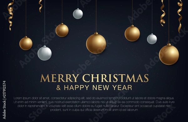 Fototapeta vector illustration of merry christmas 2018 gold and black collors place for text christmas balls