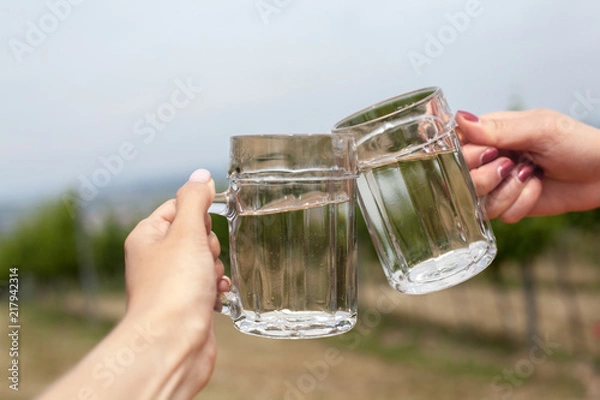 Fototapeta Two glasses of white wine and soda spritzer. Clink glasses by female hands on backgrounds of grapes leaves in Heuriger tavern Austria, where a local winemaker serves his new wine.