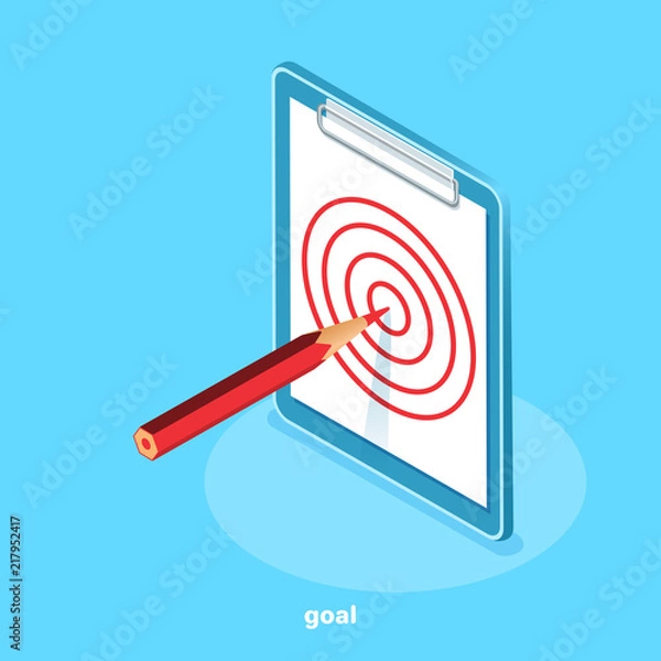 Fototapeta an isometric image, a plate with a white sheet on which a target is drawn and a pencil sticking out from the center of the target