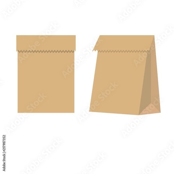 Obraz Grocery paper bag vector illustration isolated on background. Brown paper bag for products or food in flat style.