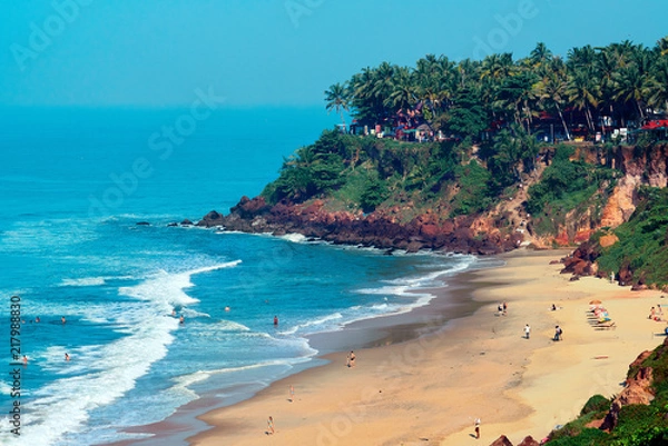 Fototapeta Varkala, Kerala, India – November 30, 2017: View of Varkala beach from cliff. Varkala beach – one of finest India beaches.