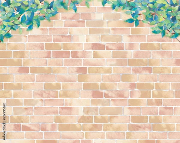 Obraz 青葉とレンガの背景イラスト