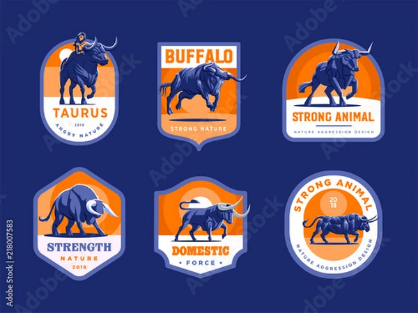 Fototapeta Set of bulls and buffalo in different poses. 