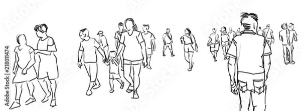 Fototapeta illustration sketch of people walking panorama view isolated on white background