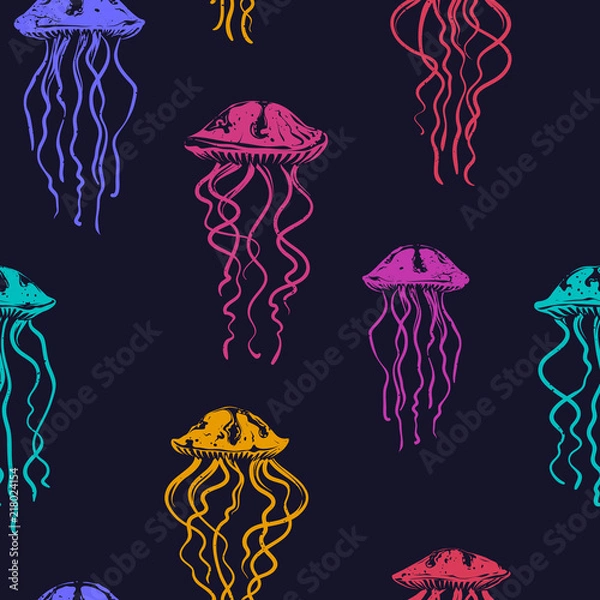 Fototapeta Colorful Hand drawn Underwater Seamless Pattern with Jellyfish