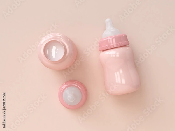 Fototapeta top view flat lay pink baby bottle milk cartoon style 3d rendering