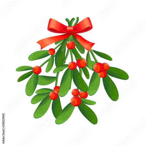 Obraz Branch of mistletoe with berries and red bow. A bouquet of Christmas.