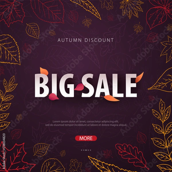 Fototapeta Autumn Background with leaves for shopping sale or promo poster and frame leaflet or web banner. Vector illustration template.