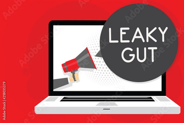 Fototapeta Handwriting text writing Leaky Gut. Concept meaning A condition in which the lining of small intestine is damaged Man holding Megaphone loudspeaker computer screen talking speech bubble.