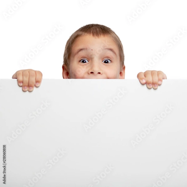 Fototapeta Banner with a surprised child peeking at the edge