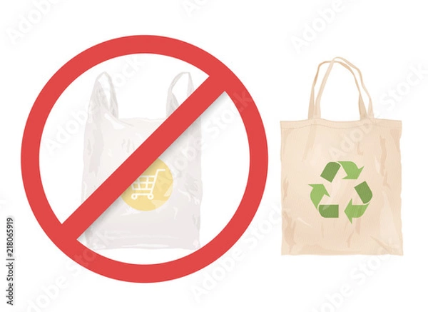 Fototapeta Torba materiałowa wielokrotnego użytku zamiast plastikowej torby. Torby na zakupy. Zero odpadów. Eco lifeestile. Przestań używać plastiku