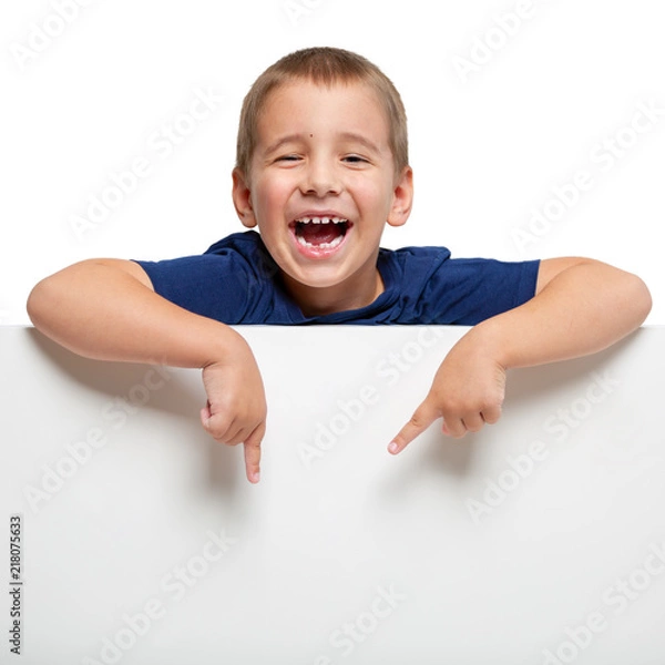 Obraz Billboard with a happy child on top. He points with his fingers down