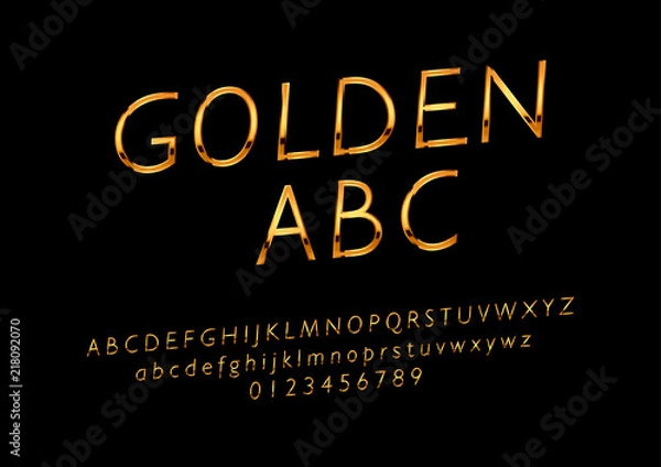 Fototapeta Vector glossy sign Golden ABC. Chic Golden rotated Alphabet Letters, Numbers and Symbols.