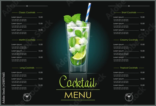 Fototapeta Szkło Mojito. Projekt koncepcyjny menu koktajlowego dla baru alkoholowego.