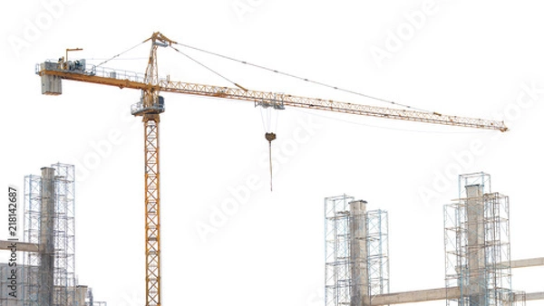 Fototapeta crane in building construction site isolated on white background