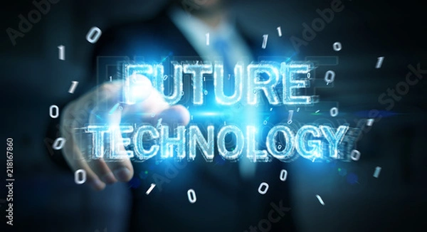 Fototapeta Businessman using future technology text interface 3D rendering