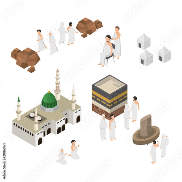 Fototapeta Set of Hajj Illustration, Pilgrimage in Mecca, Infographic on Flat Isometric Vector