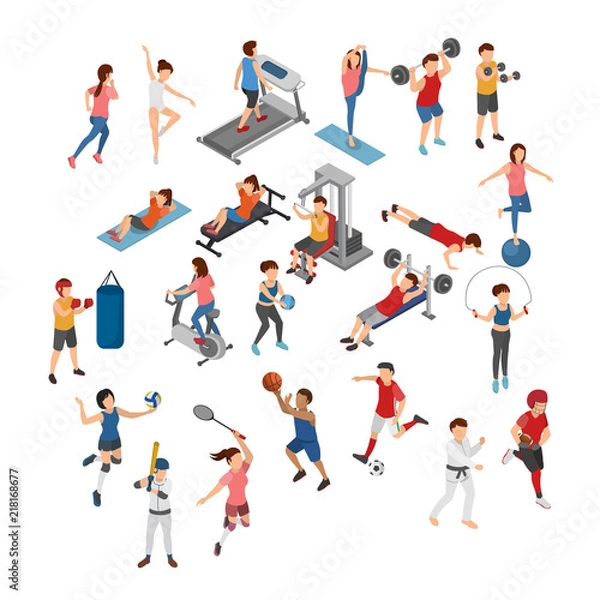 Obraz Set of Different Sports, Athelete, Fitness Training, Gym and Field Sports. Flat 3D Isometric Cartoon