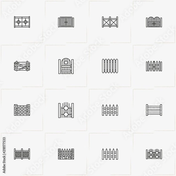 Fototapeta Fences And Wickets line icon set with fences, gate and fence
