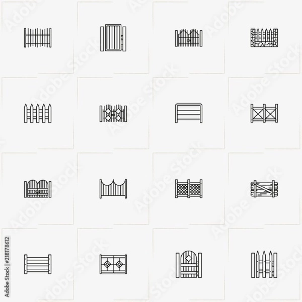 Fototapeta Fences And Wickets line icon set with fence, wicket and gate