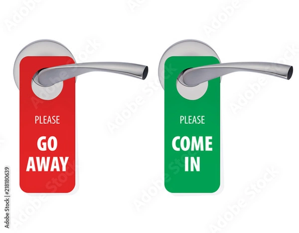 Fototapeta Go away and Come in room tags on door handle. Vector 3d illustration