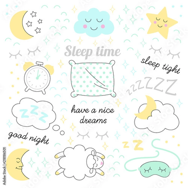 Fototapeta Sleep time sketch icons set isolated vector.