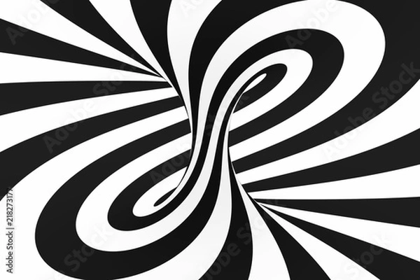 Fototapeta Black and white spiral tunnel. Striped twisted hypnotic optical illusion. Abstract background.