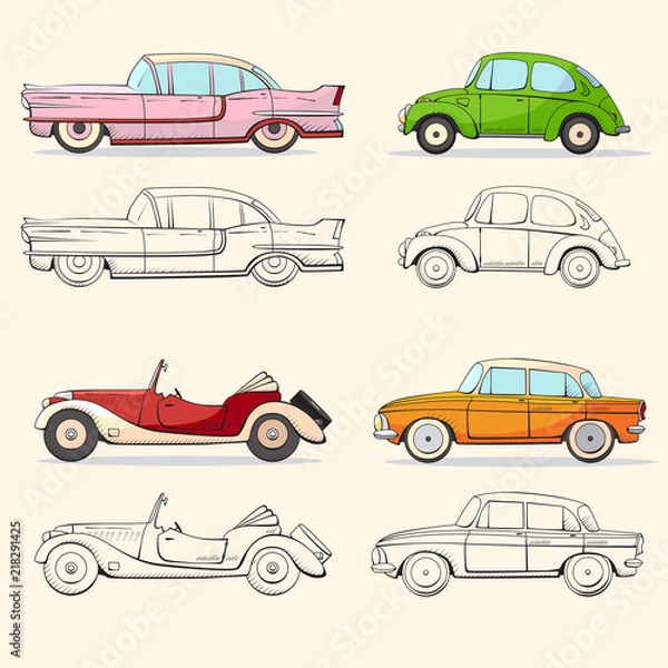 Fototapeta Collection with retro car in cartoon style. Color and black outline retro auto. Classic car drawn set.