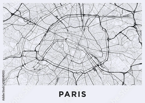Obraz Jasna mapa miasta Paryża. Mapa drogowa Paryża (Francja). Czarno-biała (jasna) ilustracja paryskich ulic. Format plakatu do druku (album).