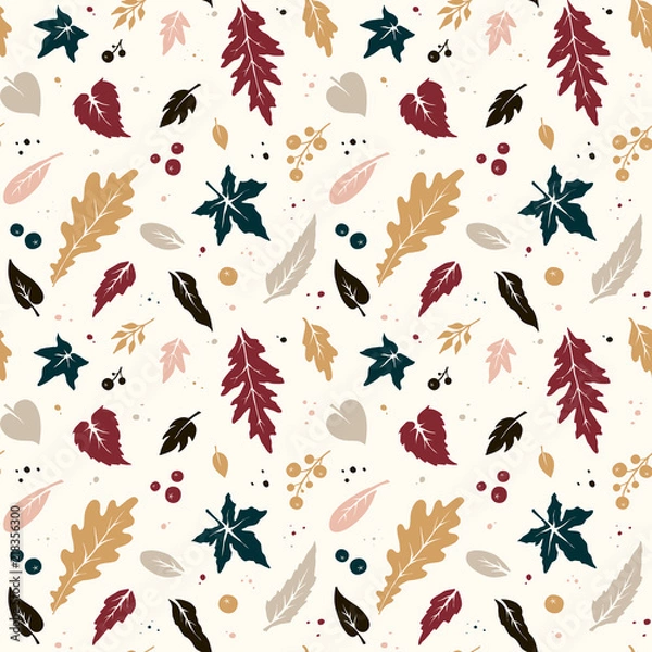 Fototapeta Seamless hand-drawn autumn pattern from leaves and berries